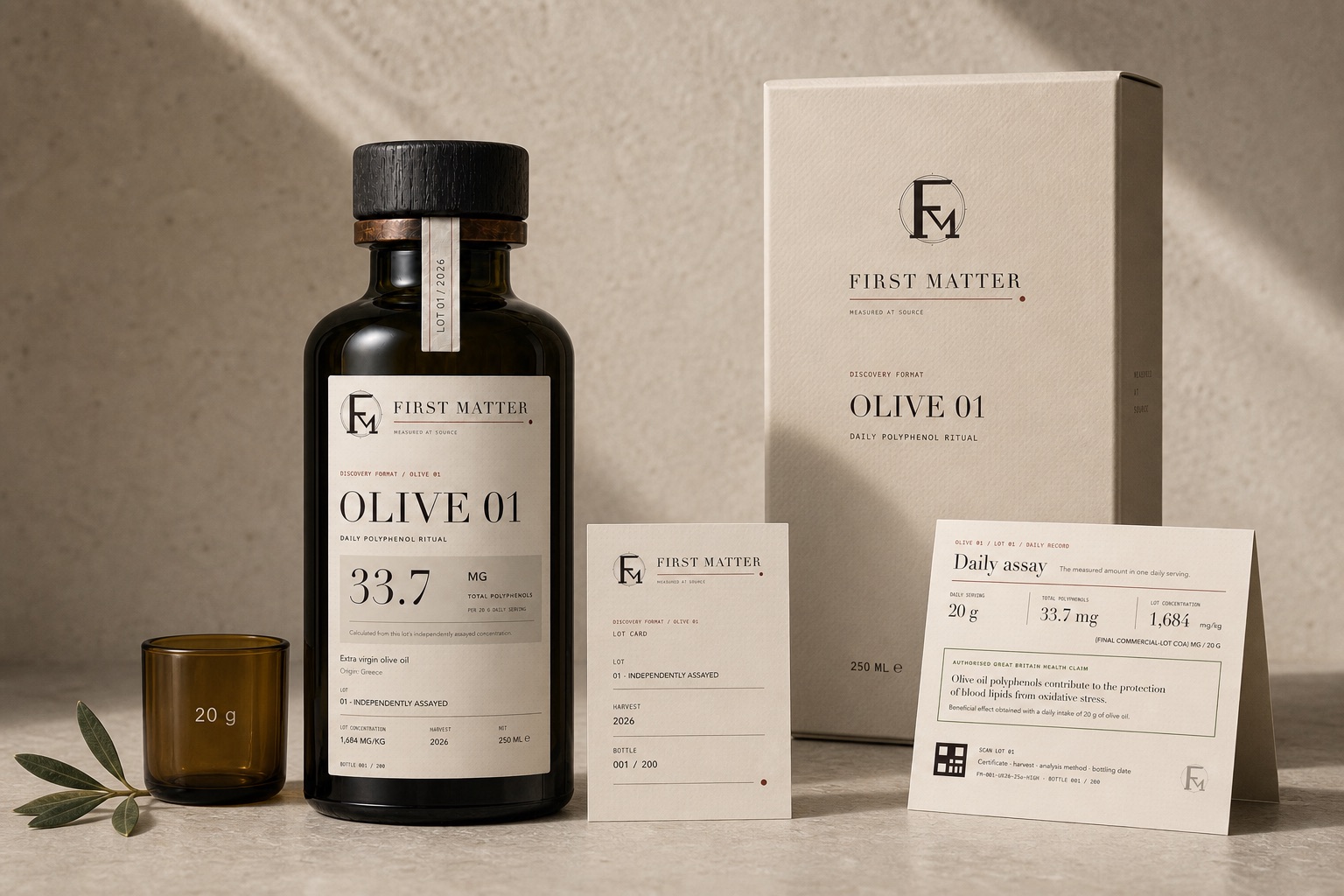 OLIVE 01 bottle, 20 gram measure, box, lot card and daily assay record