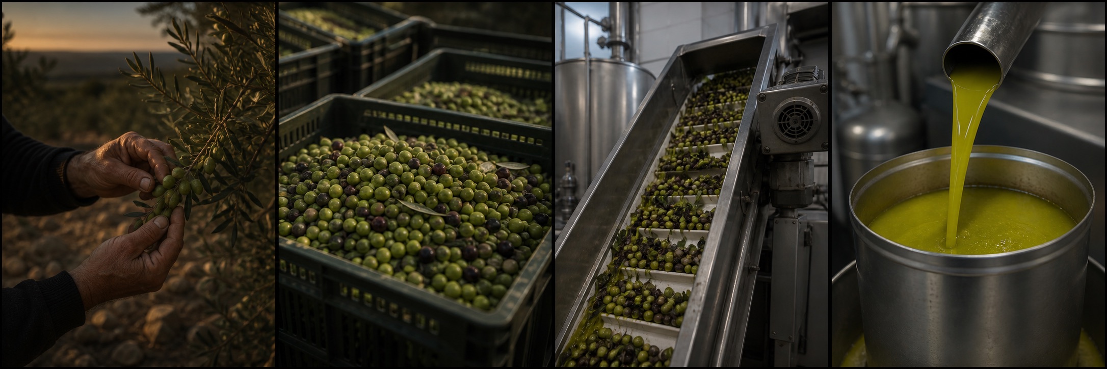 A visual process reference showing olive harvest, fruit, milling and fresh oil