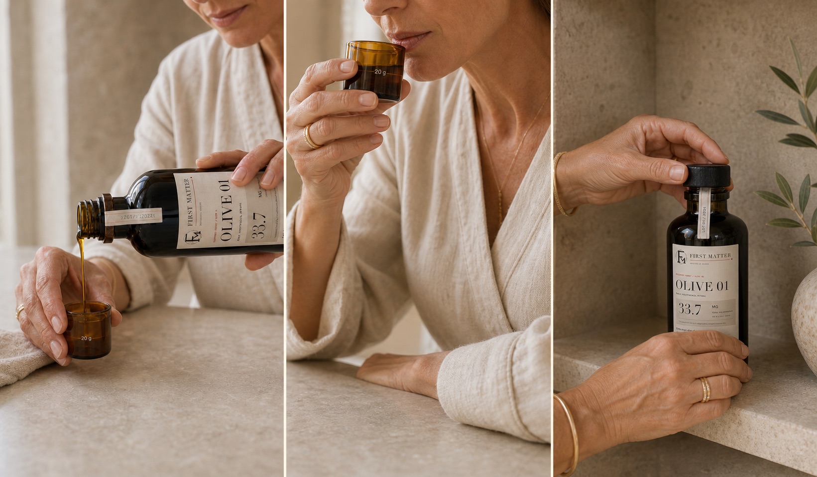 Three-part sequence showing OLIVE 01 being measured, tasted and closed after use